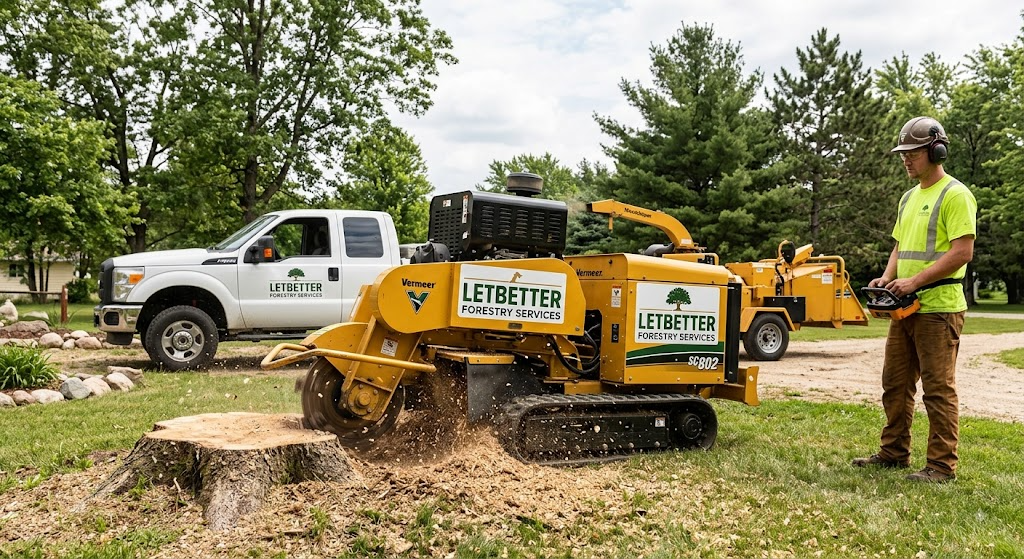 Professional stump grinding machine removing a tree stump in Asheville, NC